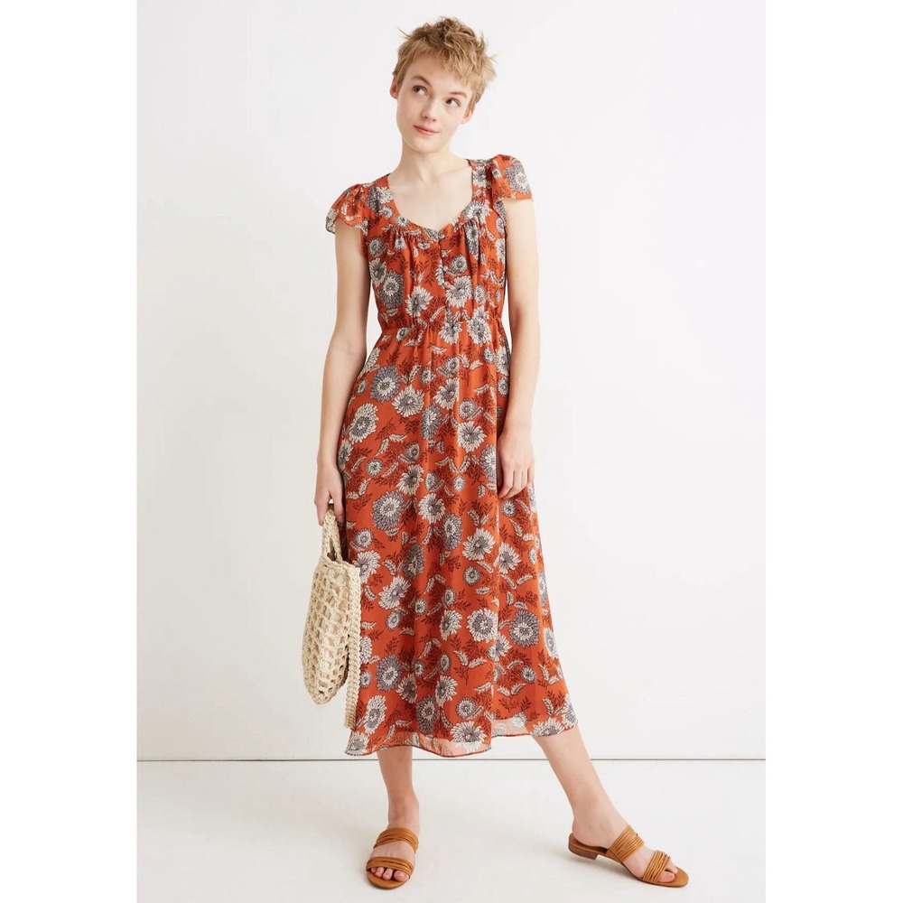 Madewell Gathered Blooms Midi Dress Womens 6 Floral Brown Autumn Wedding Guest